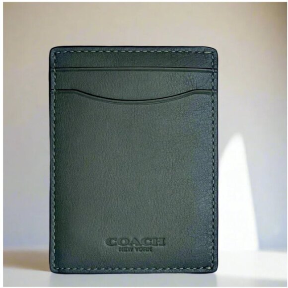 Coach Money Clip Card Case Mens Army Green Leather C6702 Wallet Compact - Picture 1 of 9